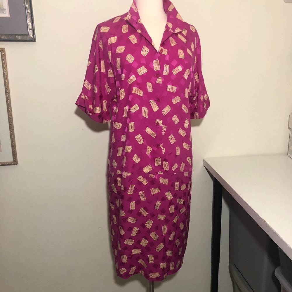 VTG 80s Liz Claiborne 100% Silk Drop Waisted Dress 10 Geometric READ